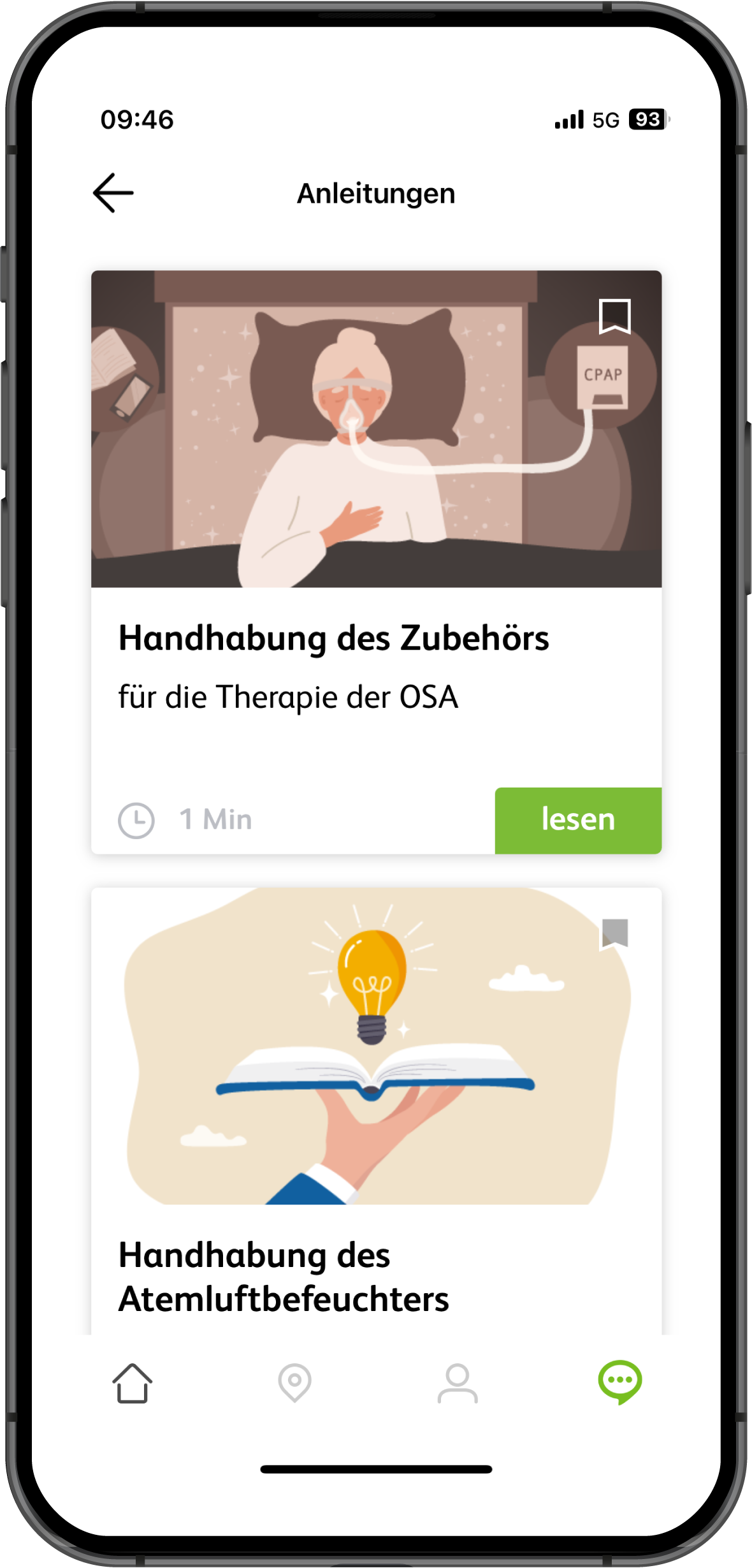Ein Smartphone-Bildschirm der MyCare App zeigt den Bereich "Anleitungen". Zwei Karten sind sichtbar: Die obere illustriert eine schlafende Person mit Maske und ist betitelt "Handhabung des Zubehörs für die Therapie der OSA". Die untere zeigt ein Buch mit einer Glühbirne und ist betitelt "Handhabung des Atemluftbefeuchters".