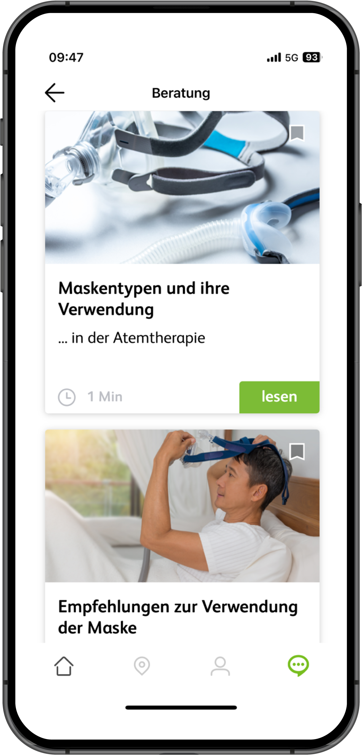 Ein Smartphone-Bildschirm der MyCare App zeigt den Bereich "Beratung". Zwei Karten sind sichtbar: Die obere illustriert verschiedene Maskentypen mit dem Titel "Maskentypen und ihre Verwendung". Die untere zeigt eine Person mit Maske und ist betitelt "Empfehlungen zur Verwendung der Maske".