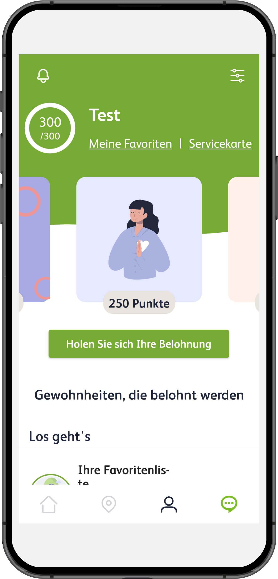 Ein Smartphone-Bildschirm der MyCare App, der den Gamification-Bereich zeigt. Zu sehen sind Punkteanzeigen (z.B. 300/300), eine Illustration einer meditierenden Person, Belohnungsaufforderungen wie "Holen Sie sich Ihre Belohnung" und "Gewohnheiten, die belohnt werden".