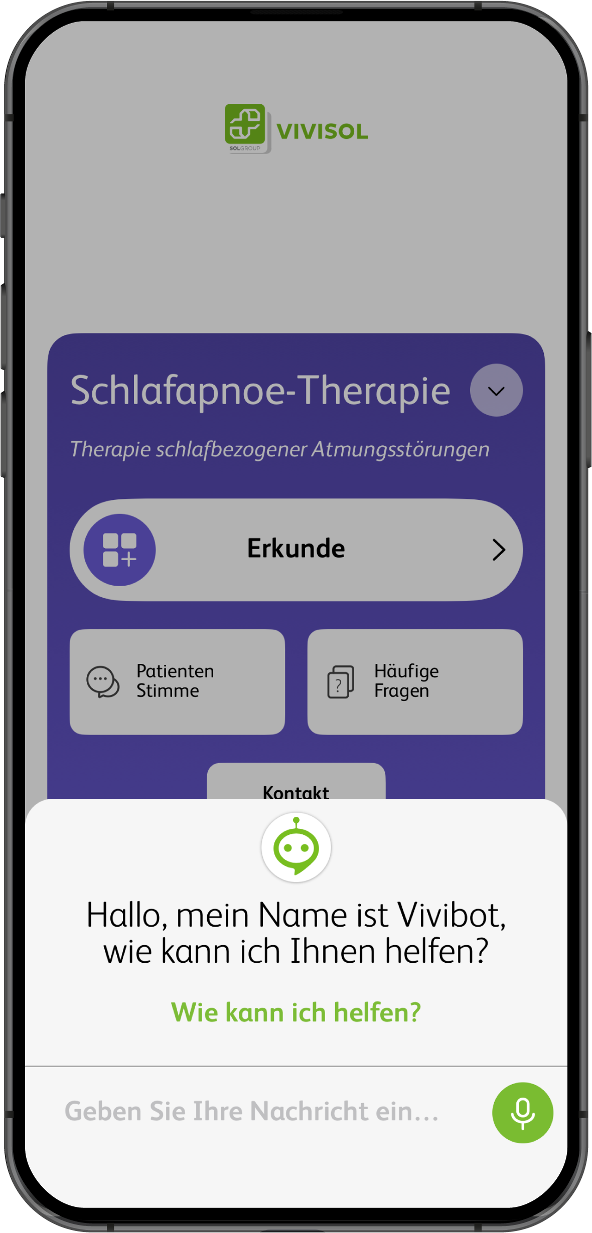 Ein Smartphone-Bildschirm der MyCare App, der die Chatbot-Funktion namens "Vivibot" zeigt. Der Chatbot begrüßt den Nutzer mit "Hallo, mein Name ist Vivibot, wie kann ich Ihnen helfen?" und bietet ein Eingabefeld für Fragen.