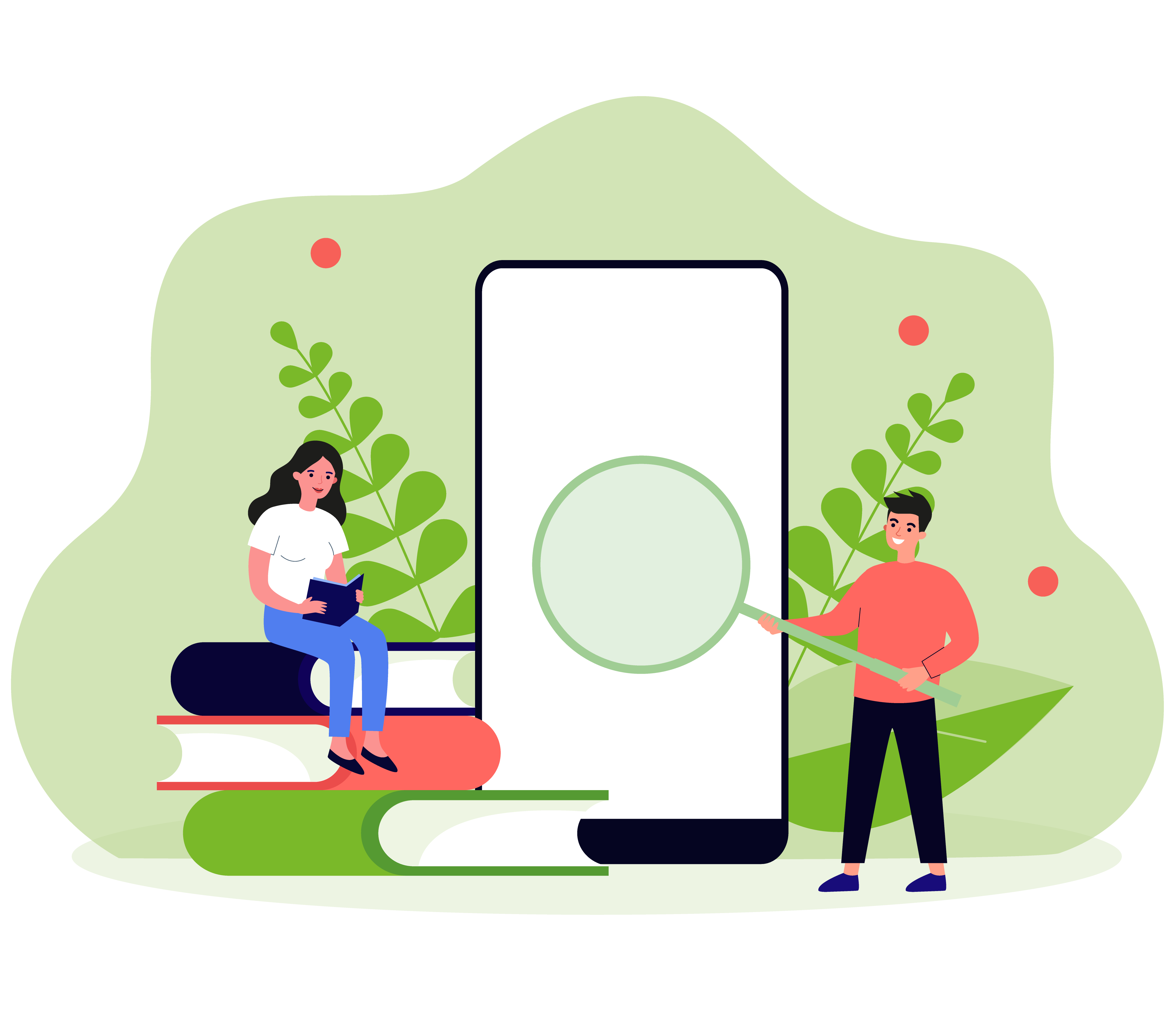 Eine stilisierte Illustration, die digitales Lernen und Informationssuche darstellt: Eine Frau sitzt auf einem Stapel Bücher und liest, während ein Mann mit einer Lupe auf einen großen Smartphone-Bildschirm blickt. Pflanzenblätter im Hintergrund. Das Bild symbolisiert die Möglichkeiten, Wissen zu erwerben und Informationen zu finden, beispielsweise über die VIVISOL MyCare App.
